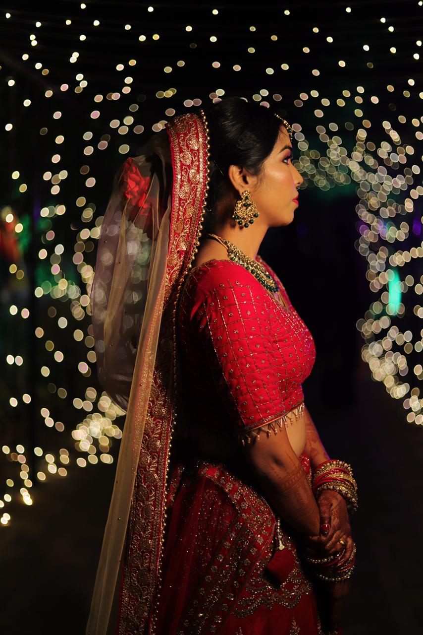 Bridal portrait in red lehenga