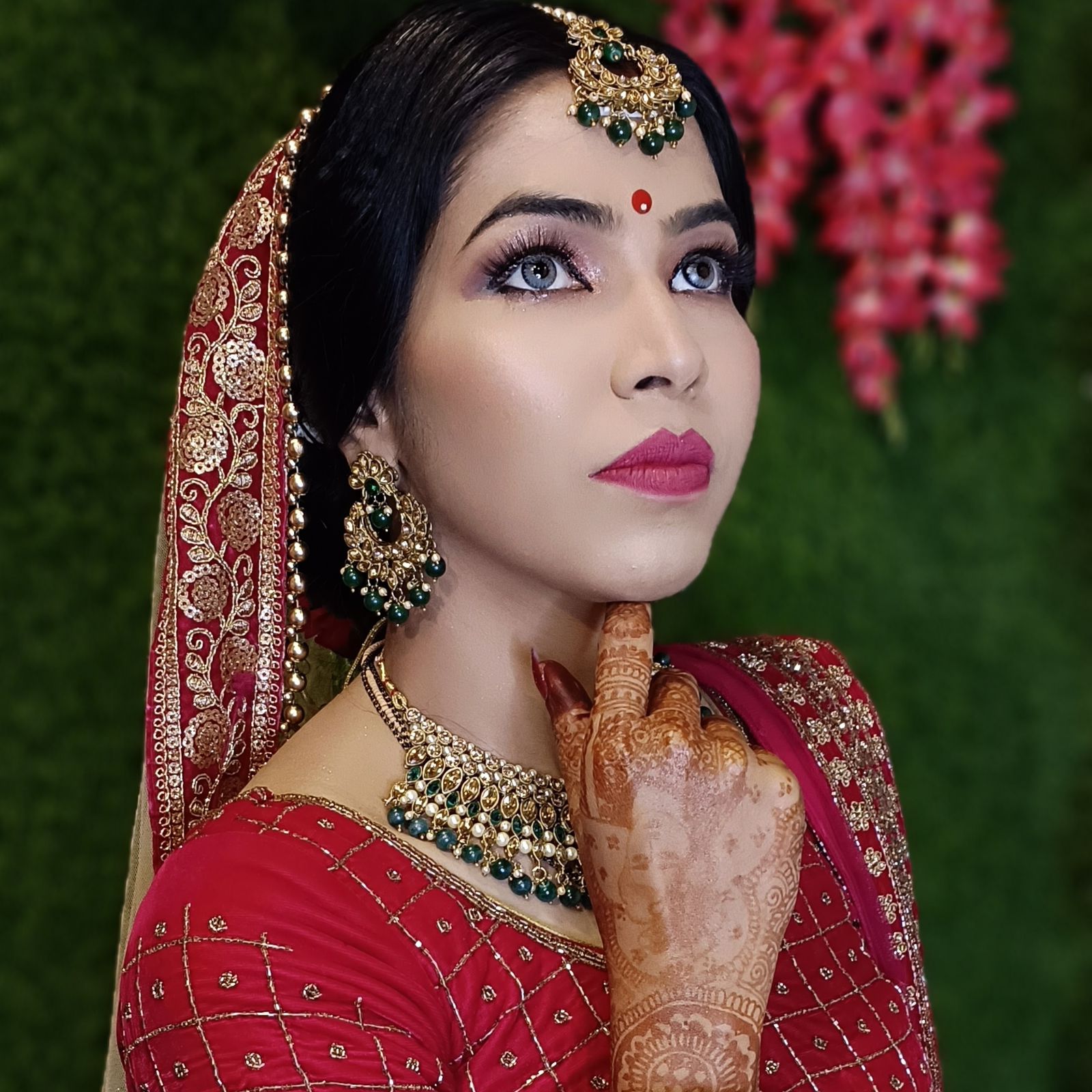 Close-up bridal makeup and jewellery